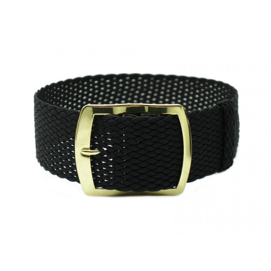 HNS 22MM Black Perlon Braided Woven Strap With Gold Brushed Stainless Steel Buckle