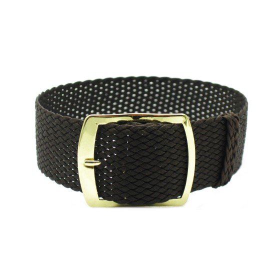 HNS 22MM Dark Brown Perlon Braided Woven Strap With Gold Brushed Stainless Steel Buckle
