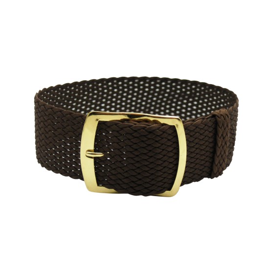 HNS 22MM Coffee Perlon Braided Woven Watch Strap With Gold Brushed Stainless Steel Buckle