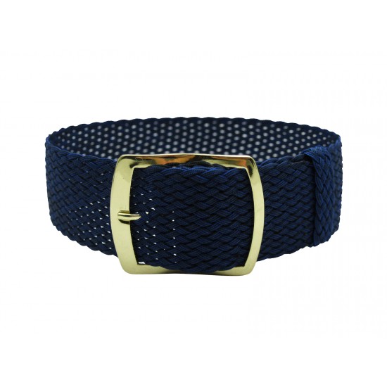 HNS 22MM Navy Perlon Braided Woven Watch Strap With Gold Brushed Stainless Steel Buckle