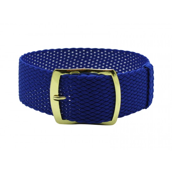 HNS 22MM Blue Perlon Braided Woven Watch Strap With Gold Brushed Stainless Steel Buckle