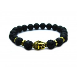 Jewelry Black Lava Energy  Stone beads Gold Buddha Men Black Bracelet