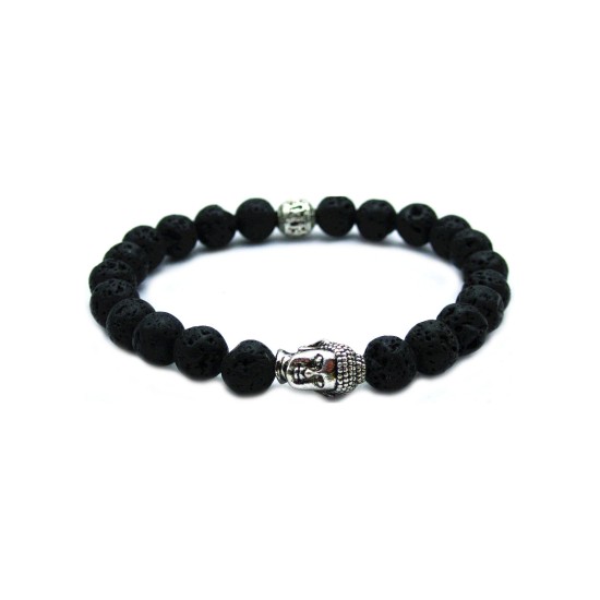 Beaded Energy Lava Stone Antique Silver Buddha Men's Bracelet