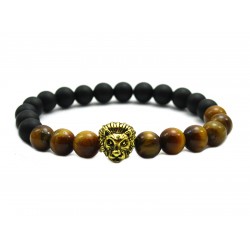 Natural Tiger Eye and Matte Agate Stone Beads Gold Liao Head Bracelet