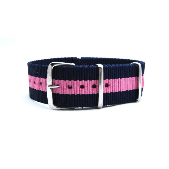 HNS Navy Blue & Pink Strip Heavy Duty Ballistic Nylon Watch Strap With Polished Stainless Steel Buckle