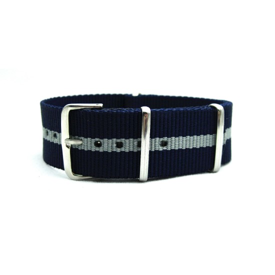 HNS Navy & Grey Strip Heavy Duty Ballistic Nylon Watch Strap With Polished Stainless Steel Buckle