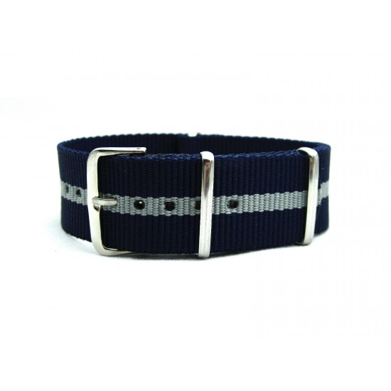 HNS Navy & Grey Strip Heavy Duty Ballistic Nylon Watch Strap With Polished Stainless Steel Buckle