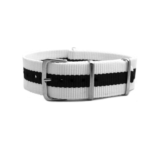 HNS White & Navy Blue Strip Heavy Duty Ballistic Nylon Watch Strap With Polished Stainless Steel Buckle