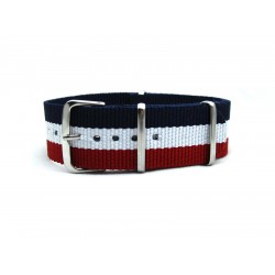 HNS France Flag Red White Blue Strip Heavy Duty Ballistic Nylon Watch Strap With Polished Stainless Steel Buckle