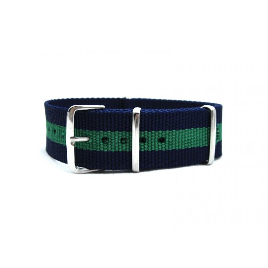 HNS Navy Blue & Green Strip Heavy Duty Ballistic Nylon Watch Strap With Polished Stainless Steel Buckle