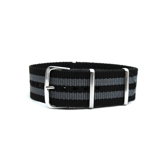 HNS Bond 007 Black & Grey Strip Heavy Duty Ballistic Nylon Watch Strap With Polished Stainless Steel Buckle