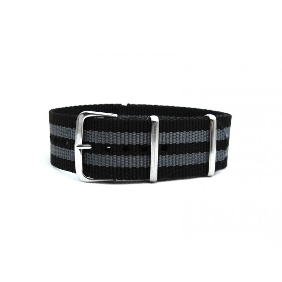 HNS Bond 007 Black & Grey Strip Heavy Duty Ballistic Nylon Watch Strap With Polished Stainless Steel Buckle