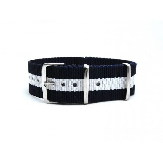 HNS Navy & White Strip Heavy Duty Ballistic Nylon Watch Strap With Polished Stainless Steel Buckle
