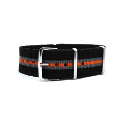 HNS Black & Grey & Orange Strip Heavy Duty Ballistic Nylon Watch Strap With Polished Stainless Steel Buckle