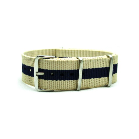 HNS Beige & Navy Strip Heavy Duty Ballistic Nylon Watch Strap With Polished Stainless Steel Buckle