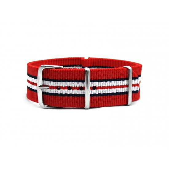 HNS Red Black White Red Strip Heavy Duty Ballistic Nylon Watch Strap With Polished Stainless Steel Buckle