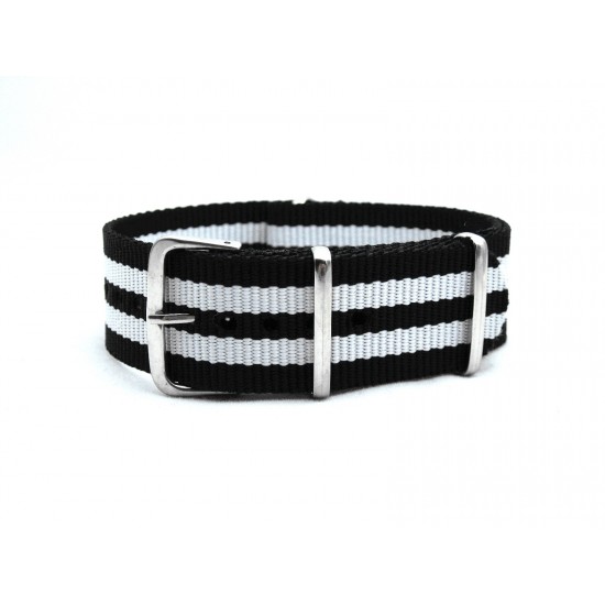 HNS Black & White Strip Heavy Duty Ballistic Nylon Watch Strap With Polished Stainless Steel Buckle
