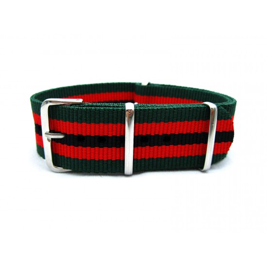 HNS Green & Red & Black Strip Heavy Duty Ballistic Nylon Watch Strap With Polished Stainless Steel Buckle