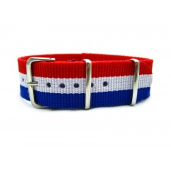 HNS France Flag Red & White & Blue Strip Heavy Duty Ballistic Nylon Watch Strap With Polished Stainless Steel Buckle