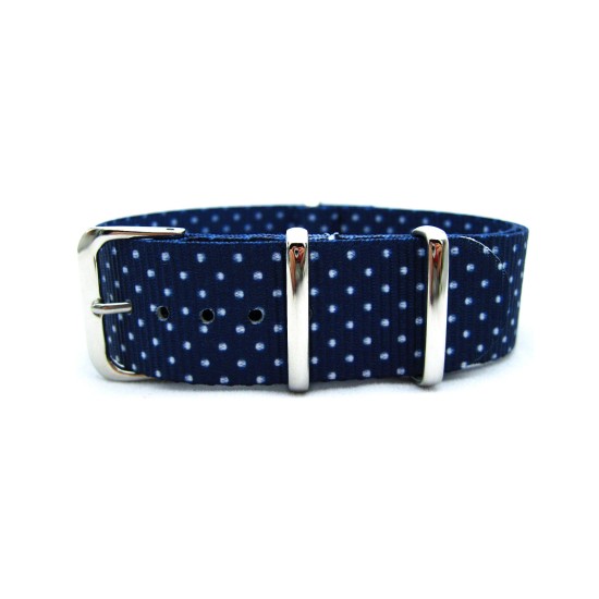 HNS Double Graphic Printed White Dots Navy BG Heavy Duty Ballistic Nylon Watch Strap With Polished Stainless Steel Buckle