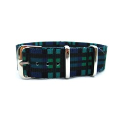 HNS Double Graphic Printed Green Mix Black and Blue Grids Heavy Duty Ballistic Nylon Watch Strap With Polished Stainless Steel Buckle