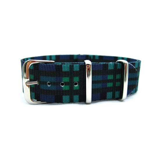 HNS Double Graphic Printed Green Mix Black and Blue Grids Heavy Duty Ballistic Nylon Watch Strap With Polished Stainless Steel Buckle