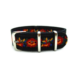 HNS Double Graphic Printed Flowers Patter Black BG Heavy Duty Ballistic Nylon Watch Strap With Polished Stainless Steel Buckle