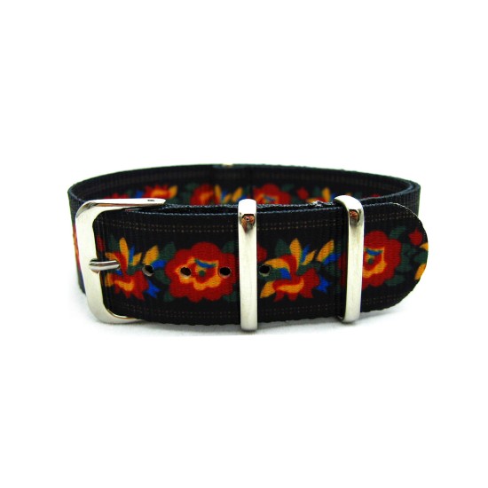 HNS Double Graphic Printed Flowers Patter Black BG Heavy Duty Ballistic Nylon Watch Strap With Polished Stainless Steel Buckle