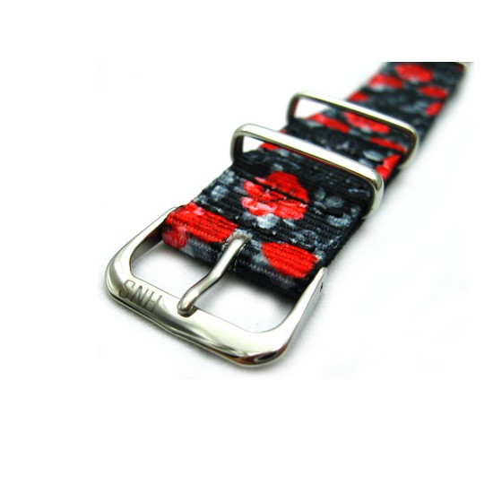 HNS Double Graphic Printed Rose and Gun Pattern Heavy Duty Ballistic Nylon Watch Strap With Polished Stainless Steel Buckle