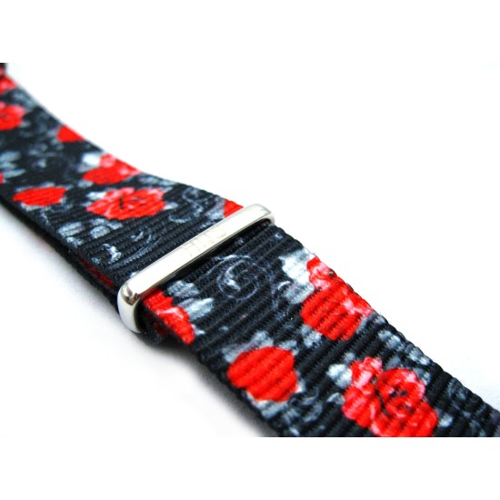 HNS Double Graphic Printed Rose and Gun Pattern Heavy Duty Ballistic Nylon Watch Strap With Polished Stainless Steel Buckle