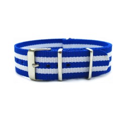 HNS Blue & White Strip Nylon Watch Strap With Polished Stainless Steel Buckle