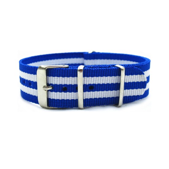 HNS Blue & White Strip Nylon Watch Strap With Polished Stainless Steel Buckle