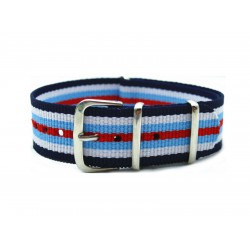 HNS Blue & White & Red Strip Nylon Watch Strap With Polished Stainless Steel Buckle