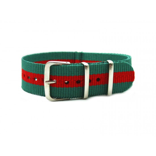 HNS Green & Red Strip Nylon Watch Strap With Polished Stainless Steel Buckle