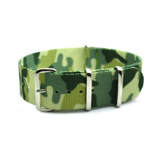 HNS Camouflage Woodland Heavy Duty Ballistic Nylon Watch Strap With Polished Stainless Steel Buckle