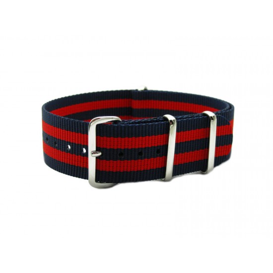 HNS Red & Navy Strip Heavy Duty Ballistic Nylon Watch Strap With Polished Stainless Steel Buckle