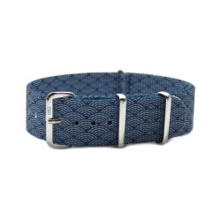HNS Double Graphic Printed Indigo Sashiko Waves Blue BG Heavy Duty Ballistic Nylon Watch Strap With Polished Stainless Steel Buckle
