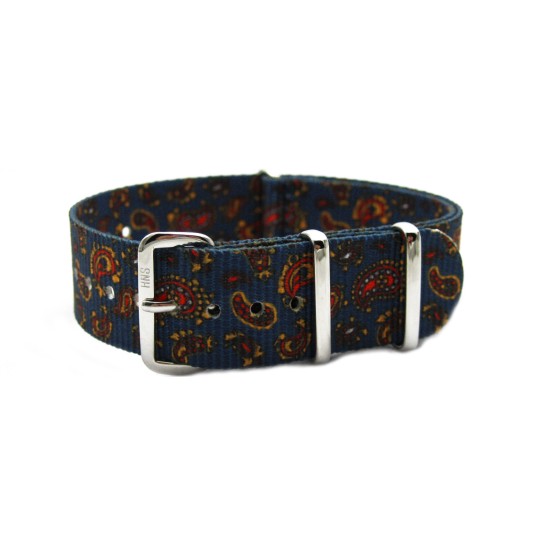 HNS Double Graphic Printed Vintage Navy Paisley Pattern Heavy Duty Ballistic Nylon Watch Strap With Polished Stainless Steel Buckle