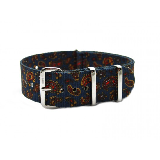 HNS Double Graphic Printed Vintage Navy Paisley Pattern Heavy Duty Ballistic Nylon Watch Strap With Polished Stainless Steel Buckle