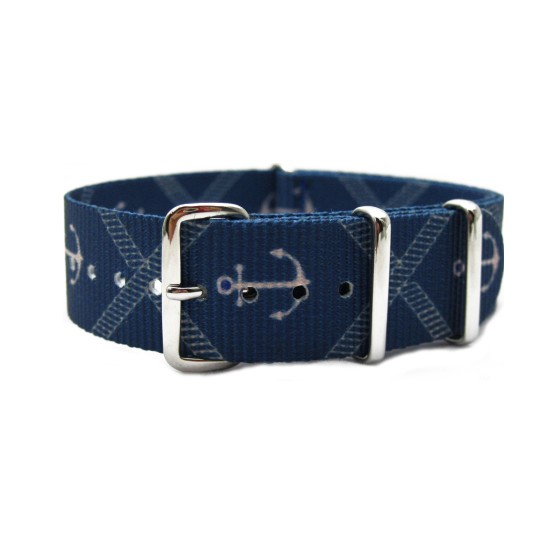 HNS Double Graphic Printed Anchors Blue BG Heavy Duty Ballistic Nylon Watch Strap With Polished Stainless Steel Buckle