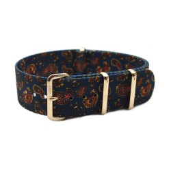 HNS Double Graphic Printed Vintage Navy Paisley Pattern Heavy Duty Ballistic Nylon Watch Strap With Rose Gold Polished Stainless Steel Buckle