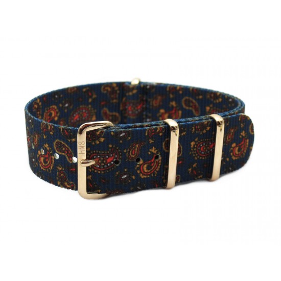 HNS Double Graphic Printed Vintage Navy Paisley Pattern Heavy Duty Ballistic Nylon Watch Strap With Rose Gold Polished Stainless Steel Buckle