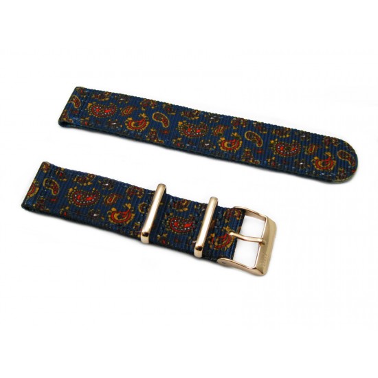 HNS 2 Pieces Double Graphic Printed Vintage Navy Paisley Pattern Heavy Duty Ballistic Nylon Watch Strap With Rose Gold Polished Stainless Steel Buckle