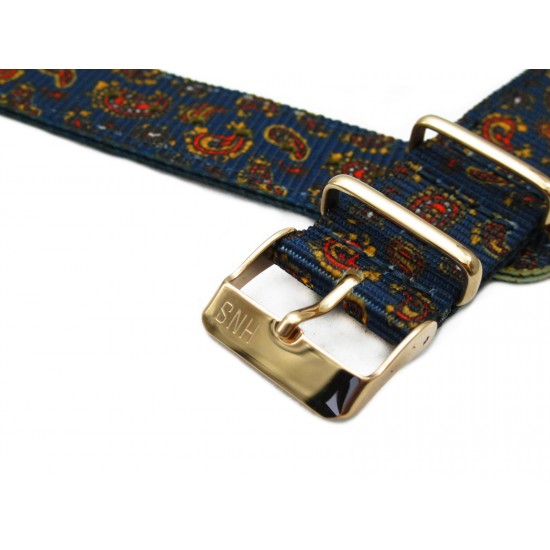 HNS 2 Pieces Double Graphic Printed Vintage Navy Paisley Pattern Heavy Duty Ballistic Nylon Watch Strap With Rose Gold Polished Stainless Steel Buckle