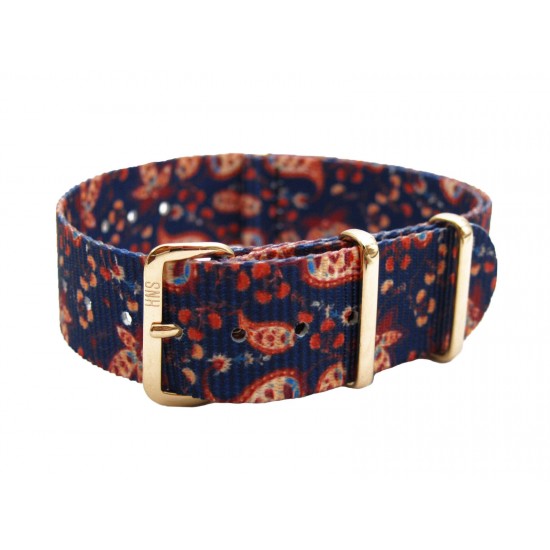 HNS Double Graphic Printed Vintage Paisley Heavy Duty Ballistic Nylon Watch Strap With Rose Gold Polished Stainless Steel Buckle