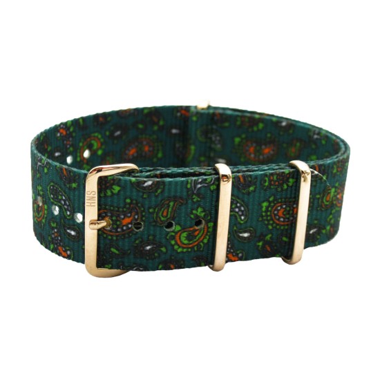 HNS Double Graphic Printed Vintage Paisley Heavy Duty Ballistic Nylon Watch Strap With Rose Gold Polished Stainless Steel Buckle