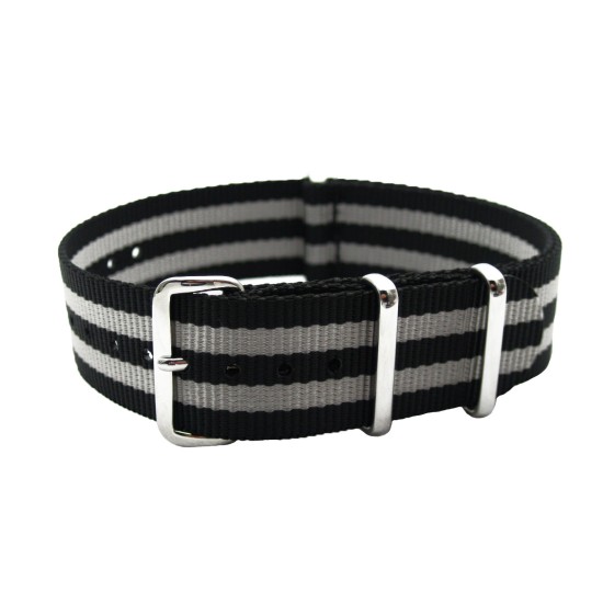 HNS Bond 007 Black & Grey Strip Heavy Duty Ballistic Nylon Watch Strap With Polished Stainless Steel Buckle