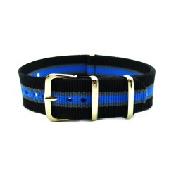 HNS Black & Grey & Blue Strip Nylon Watch Strap With Rose Gold Polished Stainless Steel Buckle