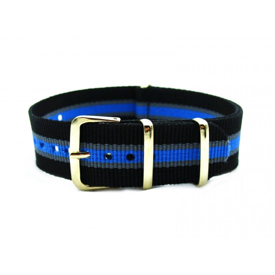 HNS Black & Grey & Blue Strip Nylon Watch Strap With Rose Gold Polished Stainless Steel Buckle