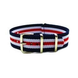 HNS Blue & White & Red Strip Nylon Watch Strap With Rose Gold Polished Stainless Steel Buckle